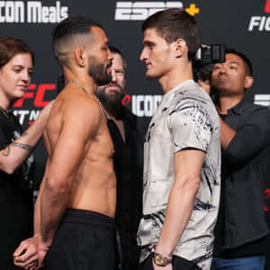 兩名男性MMA拳手在UFC稱重活動中互相凝視。