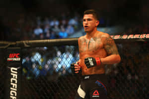一位有紋身、赤裸上身的MMA選手在UFC八角籠內戴著手套和短褲。