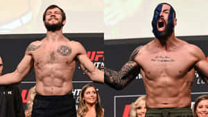 兩位赤裸上身的MMA拳手在UFC稱重時，一位微笑，另一位臉上塗著藍色顏料尖叫。 — 搏擊會 GIF 壁紙