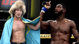 兩名勝利的UFC拳手在八角籠中慶祝，一人戴著傳統帽子和旗幟，另一人舉起拳頭。