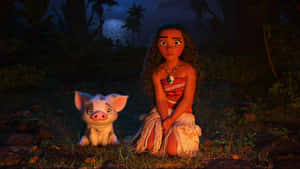 Moana 和她的豬 Pua 在夜晚靠近海洋的叢林中坐著。