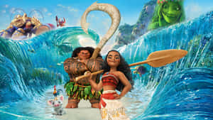 Moana 和 Maui 站在巨浪上，附近有海洋精靈和一隻公雞。
