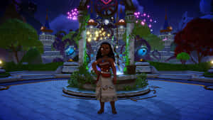 Moana 在夜晚的魔法花園中，身後有發光的燈光和城堡。