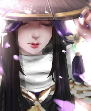 動漫女孩，黑髮，紫色花瓣在她周圍飄浮，發光的場景。