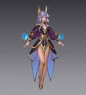 動漫精靈法師身穿紫色和金色服裝，與發光的藍色球體一起漂浮。