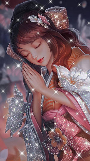 動漫女孩穿著閃閃發光的和服，雙手合十，安詳地睡著。