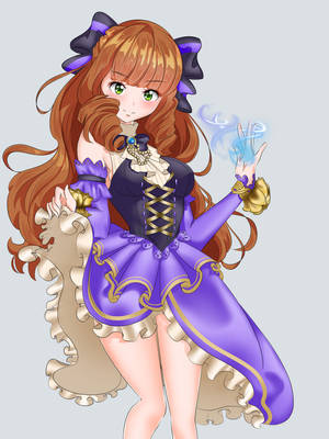 穿著紫色連衣裙的動漫女孩用綠色眼睛施展藍色魔法