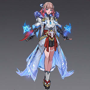 身穿發光藍紅盔甲、帶有魔法星星效果的動漫女戰士。