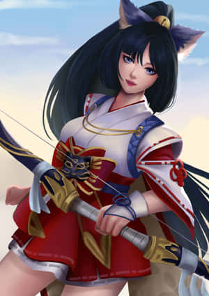 擁有狐狸耳朵的動漫女孩，穿著紅白相間的傳統服裝，手持弓箭。