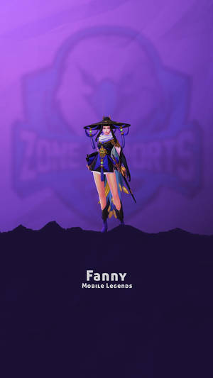 來自 Mobile Legends 的動漫角色 Fanny 站在紫色背景上的山脈剪影上。