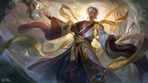 身穿紅金長袍的動漫戰士，以旋轉的絲帶引導魔法能量。