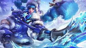 穿著冬季盔甲的動漫女孩在雪景中揮舞著一把巨大的冰劍。