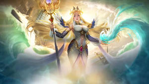 女神在魔法海洋波浪中揮舞法杖