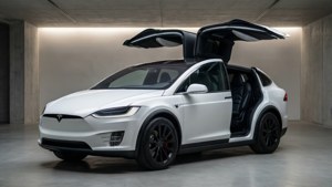 白色Tesla Model X在現代混凝土車庫中打開鷹翼門。