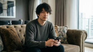 年輕男子坐在米色沙發上，在室內窗邊手持智能手機。