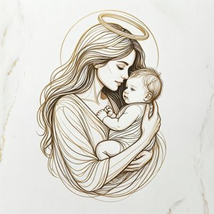 一位帶光環的母親在雲石上以線條藝術插圖溫柔地抱著她的嬰兒。
