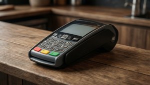 咖啡店木製櫃檯上的信用卡支付終端