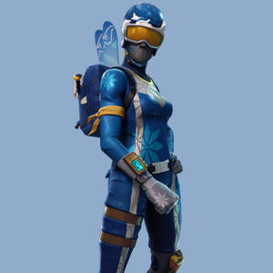 穿著藍色冬季裝備、帶有雪花圖案和滑雪裝備的Fortnite角色。