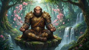 一隻鬍鬚猿穿著金色盔甲，在櫻花和瀑布中，在長滿苔蘚的懸崖上冥想。