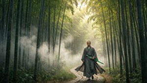 僧侶手持發光劍走過霧氣瀰漫的竹林小徑。