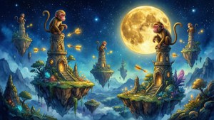 猴子在漂浮島嶼上，巨大月亮下，魔法夜空。