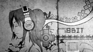 戴著耳機的動漫女孩，背後有一串遊戲控制器流動。 — 塗鴉 壁紙