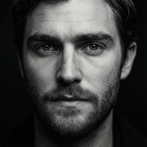 黑白特寫肖像，男子眼神銳利、鬍渣滿臉。