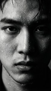 男子臉部特寫，水珠在戲劇性燈光下閃閃發光