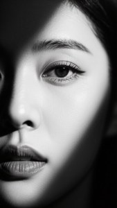 女性臉部的黑白特寫，戲劇性的燈光落在她的眼睛和嘴唇上。