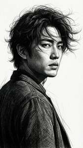 一個頭髮蓬亂的男人穿著質感外套在黑白素描中回頭看。