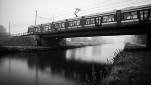 火車駛過霧河上的橋，平靜的水面倒影