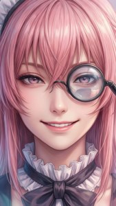 粉紅色頭髮的動漫女孩拿著放大鏡溫柔地微笑。