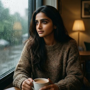 棕色毛衣女性手持咖啡杯凝視雨窗的舒適房間