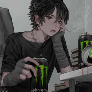 動漫青少年抽煙並在室內拿著Monster能量飲料罐。