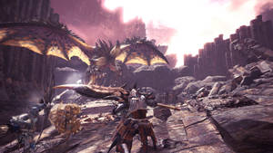 戰士在岩石峽谷中黃昏時與巨型有翼怪物戰鬥。