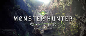 Monster Hunter World 標誌在叢林峽谷中發光，陽光穿過樹葉照射下來。