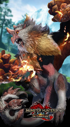 來自《魔物獵人 崛起：破曉》森林場景中砸碎松果的火焰怪物。