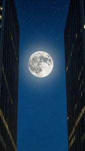 夜晚兩座高樓之間的滿月，星星可見