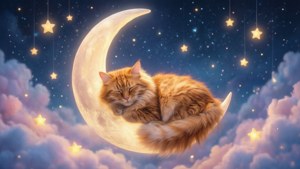 一隻薑貓在發光的彎月上蜷縮著睡覺，背景是星空和粉彩雲。