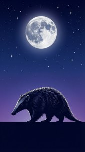 一隻獾在滿月下走在繁星點點的暮色天空中。