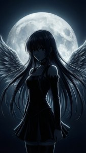 動漫女孩黑色翅膀站在夜晚滿月前