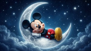 米奇老鼠喺有雲嘅星空夜晚喺新月上休息