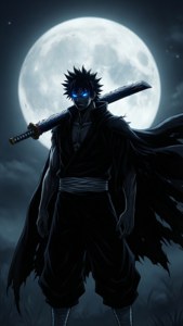 閃爍藍色光芒眼睛的動漫戰士，在滿月下持劍。