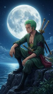 綠髮劍士身穿綠色長袍，在滿月下的夜晚坐在懸崖邊緣俯瞰海洋。
