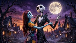 Jack Skellington 和 Sally 在陰森森的萬聖節小鎮中於滿月下跳舞。