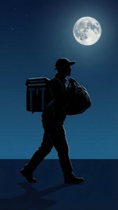 送貨員剪影在夜晚滿月下提著袋子行走。