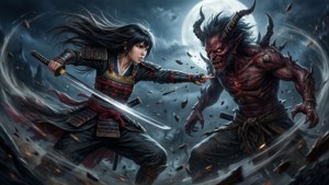 武士戰士在滿月下於暴風雨夜戰場景中與惡魔生物戰鬥