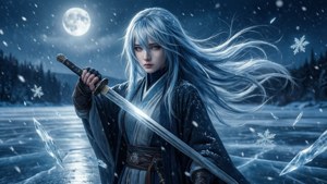 一位銀髮戰士站在雪中，在冰凍的湖面上滿月下握著發光的劍。