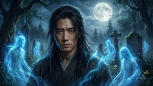 一個穿著深色長袍的男子站在月光下的墓地中，與發光的藍色幽靈在一起。