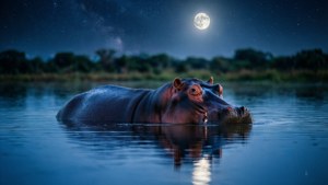 滿月下水中河馬，星空倒映